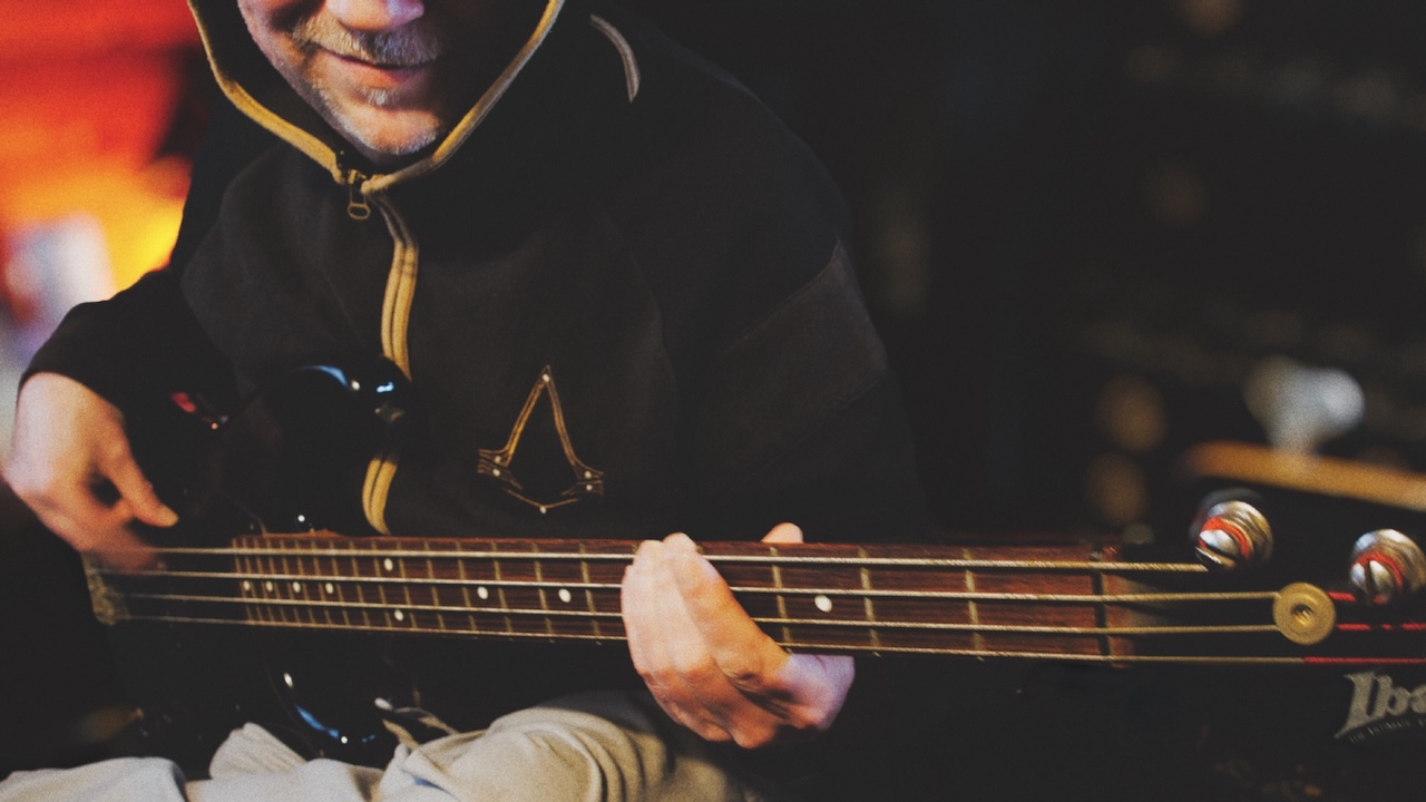 Recording bass guitar during The Journey production